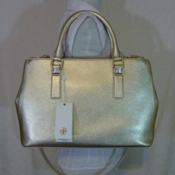 NEW Tory Burch Robinson Gold Saffiano Leather Mini Double-Zip Tote/Shoulder Bag - Picture 6 of 14